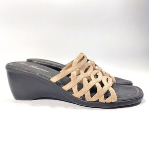 Penmans Black Tan Slip On Wedge Heel Sandals Size 8.5